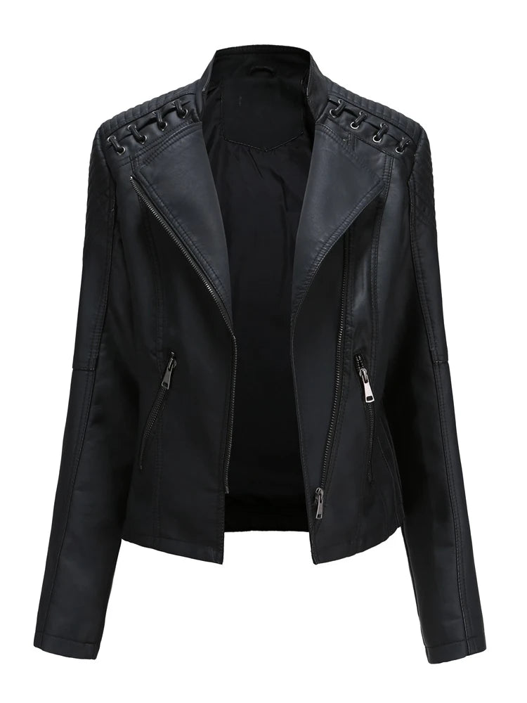 Giacca in similpelle alla moda per donna, primavera e autunno FSMG, capospalla corto casual slim fit con cerniera, cappotto da motociclista leggero