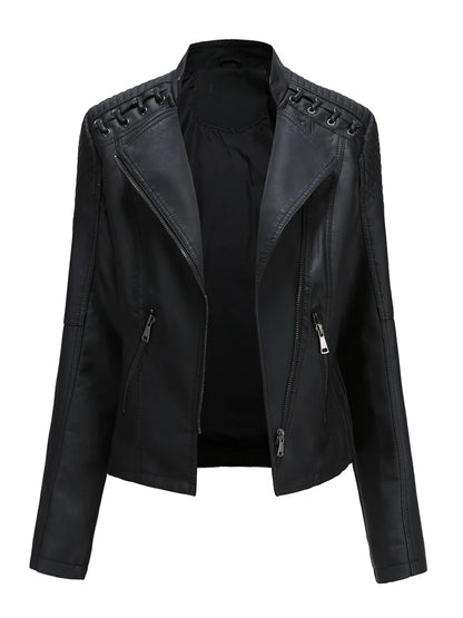 Giacca in similpelle alla moda per donna, primavera e autunno FSMG, capospalla corto casual slim fit con cerniera, cappotto da motociclista leggero