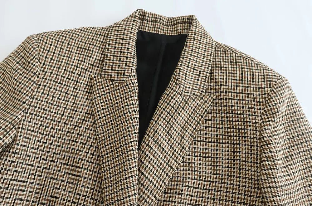 TRAF Donna Moda Doppiopetto Plaid Blazer Cappotto Vintage Manica Lunga Tasche con Patta Donna Capispalla Chic Vestes Femme