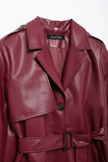 TRAFZA Donna Borgogna Similpelle Maxi Lungo Trench Elegante Risvolto Manica Lunga Giacche con Cintura Moda Femminile Capispalla