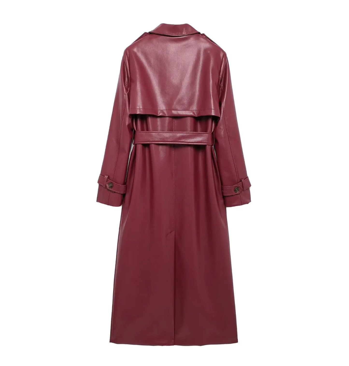 TRAFZA Donna Borgogna Similpelle Maxi Lungo Trench Elegante Risvolto Manica Lunga Giacche con Cintura Moda Femminile Capispalla