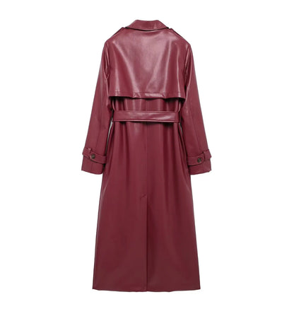 TRAFZA Donna Borgogna Similpelle Maxi Lungo Trench Elegante Risvolto Manica Lunga Giacche con Cintura Moda Femminile Capispalla