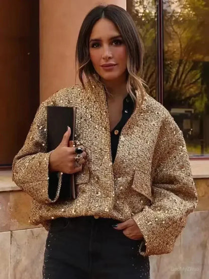 Women's Sequined Bomber Jacket - Fall Chic Round Neck Long Sleeve Casual Outerwear