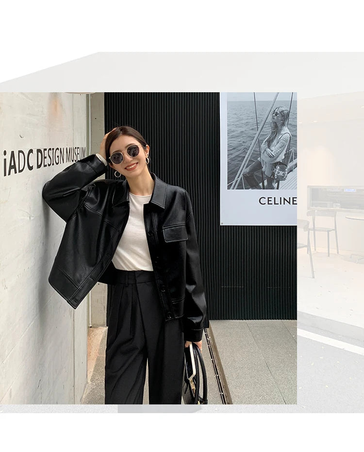 Giacca in pelle nera invernale corta da donna 2022 autunno coreano giacca da motociclista da strada alta da donna capispalla vintage sottile PU chic top