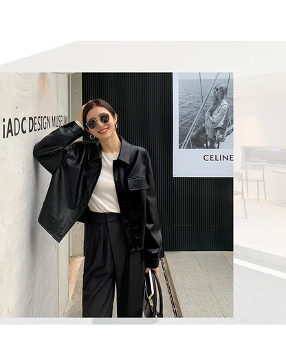 Giacca in pelle nera invernale corta da donna 2022 autunno coreano giacca da motociclista da strada alta da donna capispalla vintage sottile PU chic top