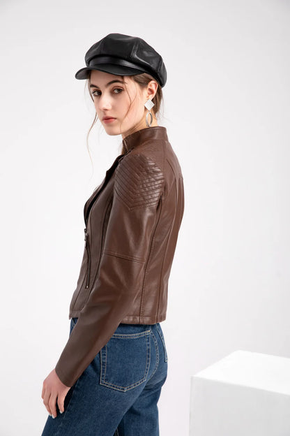 Giacca in similpelle alla moda per donna, primavera e autunno FSMG, capospalla corto casual slim fit con cerniera, cappotto da motociclista leggero