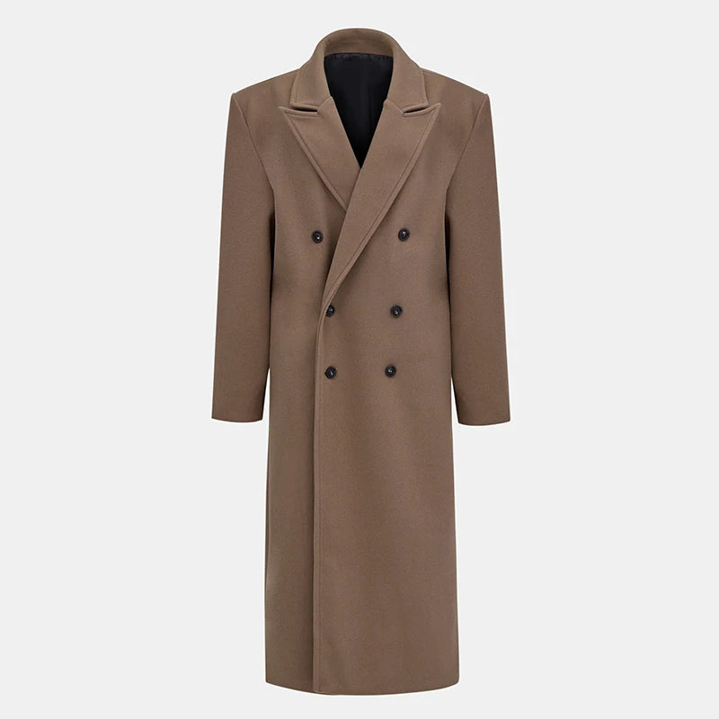 Elegant Solid Women Woolen Long Coats Loose Lapel Double-breasted Full Sleeve Shoulder Pads Overcoat 2024 Autumn New Outerwears