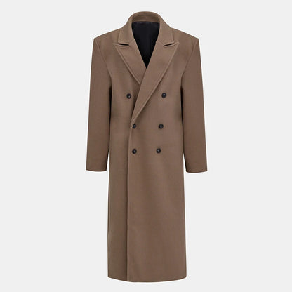 Elegant Solid Women Woolen Long Coats Loose Lapel Double-breasted Full Sleeve Shoulder Pads Overcoat 2024 Autumn New Outerwears