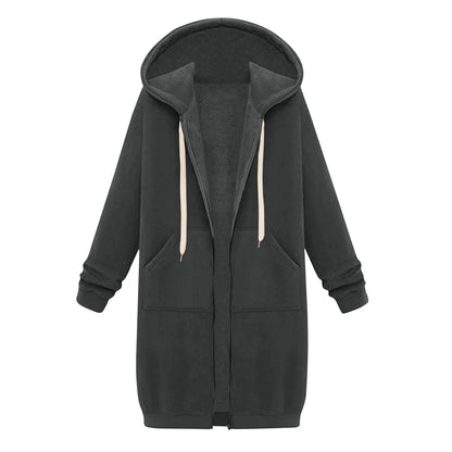 Felpa con cappuccio lunga con cerniera casual da donna, felpa invernale antivento con coulisse, giacca con cappuccio e tasche comode
