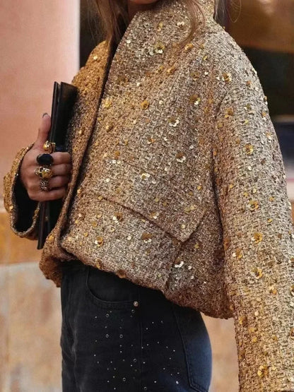 Women's Sequined Bomber Jacket - Fall Chic Round Neck Long Sleeve Casual Outerwear