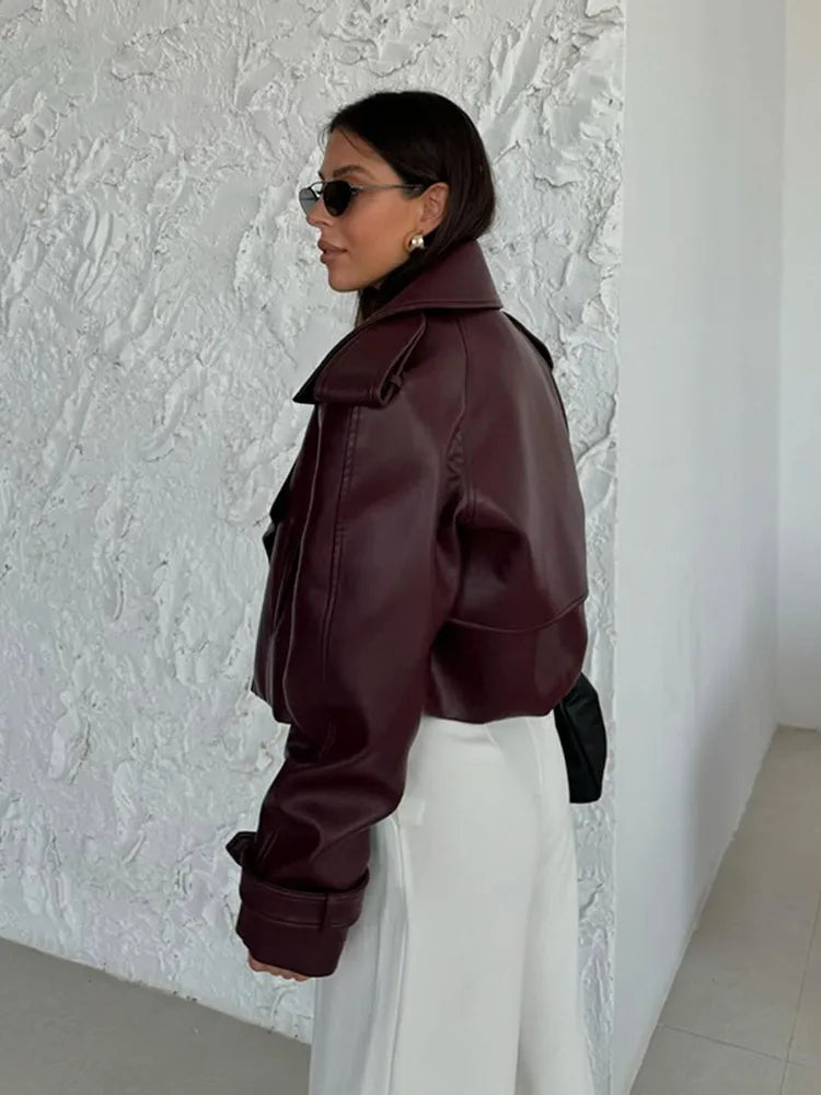 Eleganti cappotti in pelle bordeaux con un bottone per donna, alla moda, tasche a ribalta, giacche larghe e solide, 2024, capispalla da strada Lady Chic