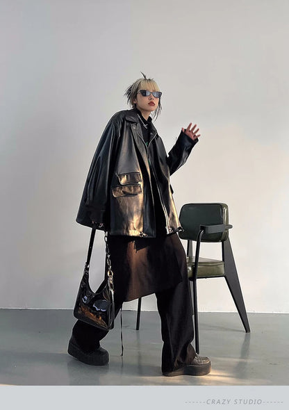 Streetwear Nero PU Faux Pelle Cappotti Donne Oversize Gotico Giacche Y2K Largo Tasca Fresco Signore Casual Morbido Outerwear
