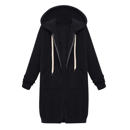 Felpa con cappuccio lunga con cerniera casual da donna, felpa invernale antivento con coulisse, giacca con cappuccio e tasche comode