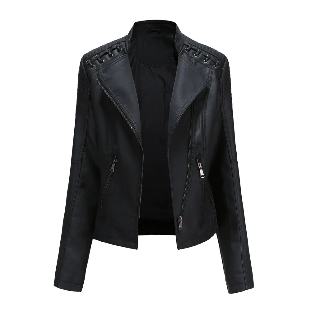 Giacca in similpelle alla moda per donna, primavera e autunno FSMG, capospalla corto casual slim fit con cerniera, cappotto da motociclista leggero