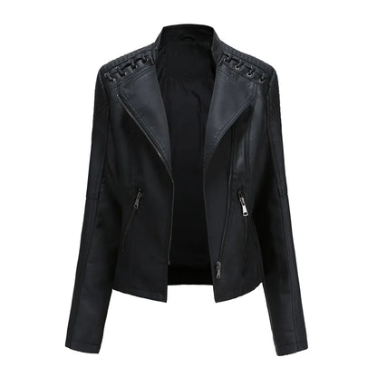 Giacca in similpelle alla moda per donna, primavera e autunno FSMG, capospalla corto casual slim fit con cerniera, cappotto da motociclista leggero