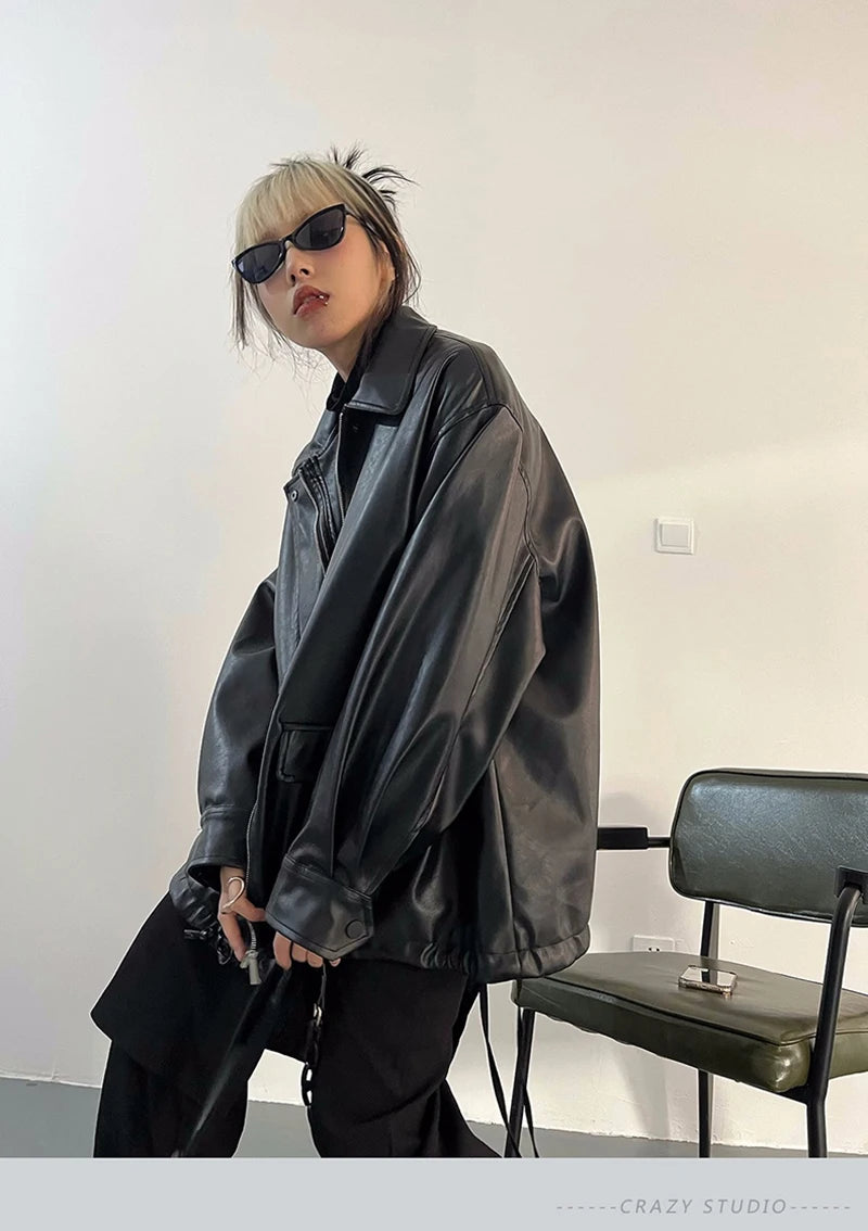 Streetwear Nero PU Faux Pelle Cappotti Donne Oversize Gotico Giacche Y2K Largo Tasca Fresco Signore Casual Morbido Outerwear