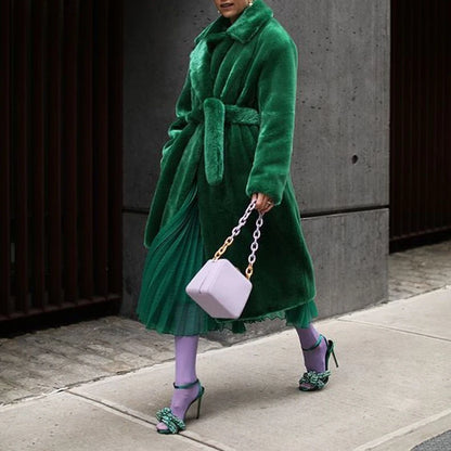 Giacca lunga in pelliccia sintetica da donna, con cintura spessa, autunno inverno, cappotto lungo caldo di lusso, cintura in pelliccia nera, parka Bontjas, capispalla pelosi