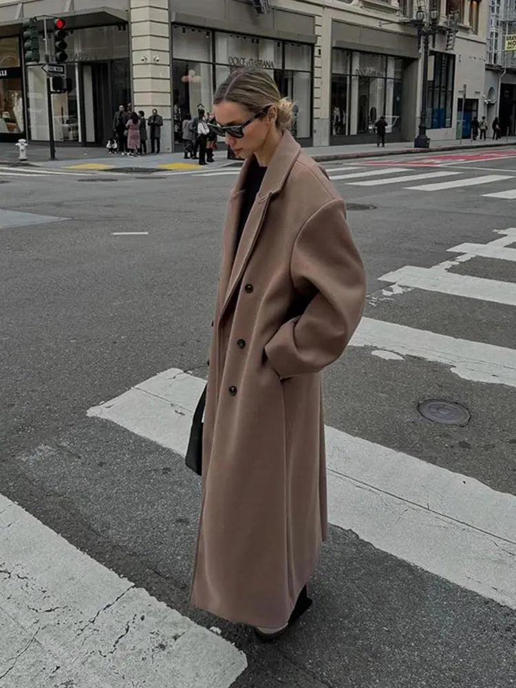 Elegant Solid Women Woolen Long Coats Loose Lapel Double-breasted Full Sleeve Shoulder Pads Overcoat 2024 Autumn New Outerwears