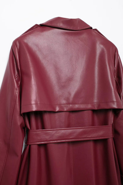 TRAFZA Donna Borgogna Similpelle Maxi Lungo Trench Elegante Risvolto Manica Lunga Giacche con Cintura Moda Femminile Capispalla