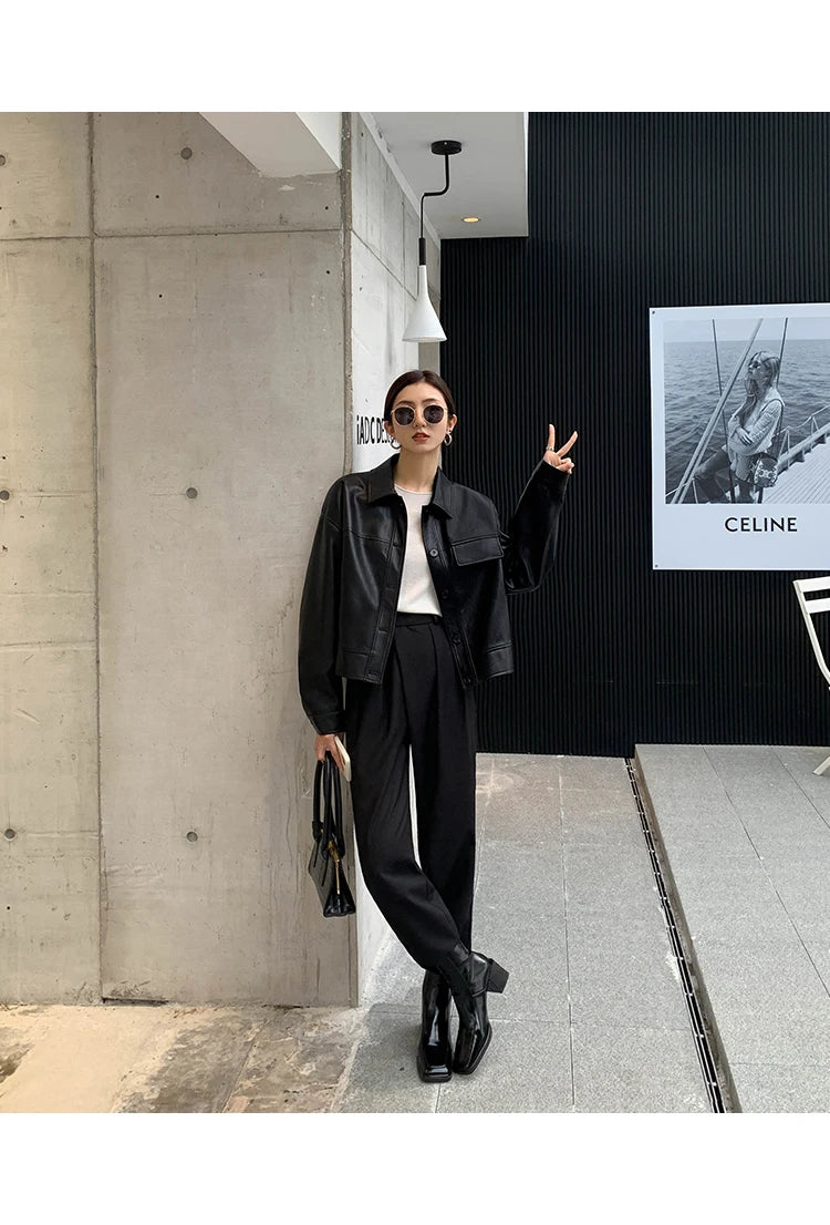 Giacca in pelle nera invernale corta da donna 2022 autunno coreano giacca da motociclista da strada alta da donna capispalla vintage sottile PU chic top