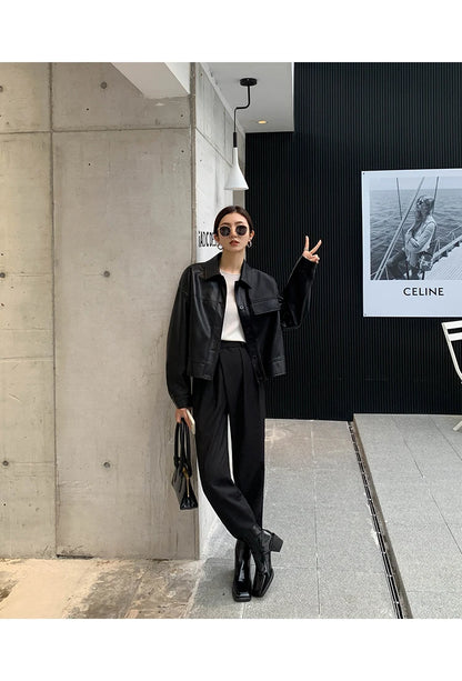 Giacca in pelle nera invernale corta da donna 2022 autunno coreano giacca da motociclista da strada alta da donna capispalla vintage sottile PU chic top