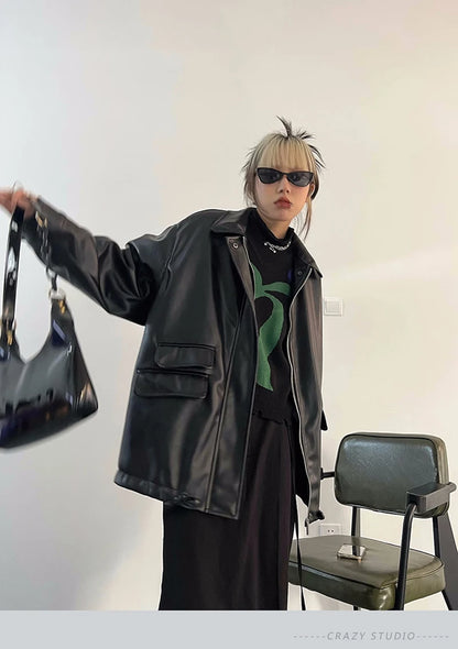 Streetwear Nero PU Faux Pelle Cappotti Donne Oversize Gotico Giacche Y2K Largo Tasca Fresco Signore Casual Morbido Outerwear