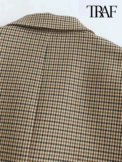 TRAF Donna Moda Doppiopetto Plaid Blazer Cappotto Vintage Manica Lunga Tasche con Patta Donna Capispalla Chic Vestes Femme