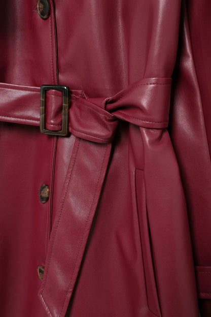 TRAFZA Donna Borgogna Similpelle Maxi Lungo Trench Elegante Risvolto Manica Lunga Giacche con Cintura Moda Femminile Capispalla