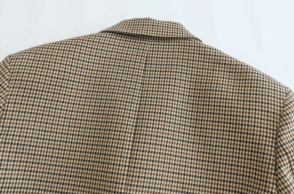 TRAF Donna Moda Doppiopetto Plaid Blazer Cappotto Vintage Manica Lunga Tasche con Patta Donna Capispalla Chic Vestes Femme