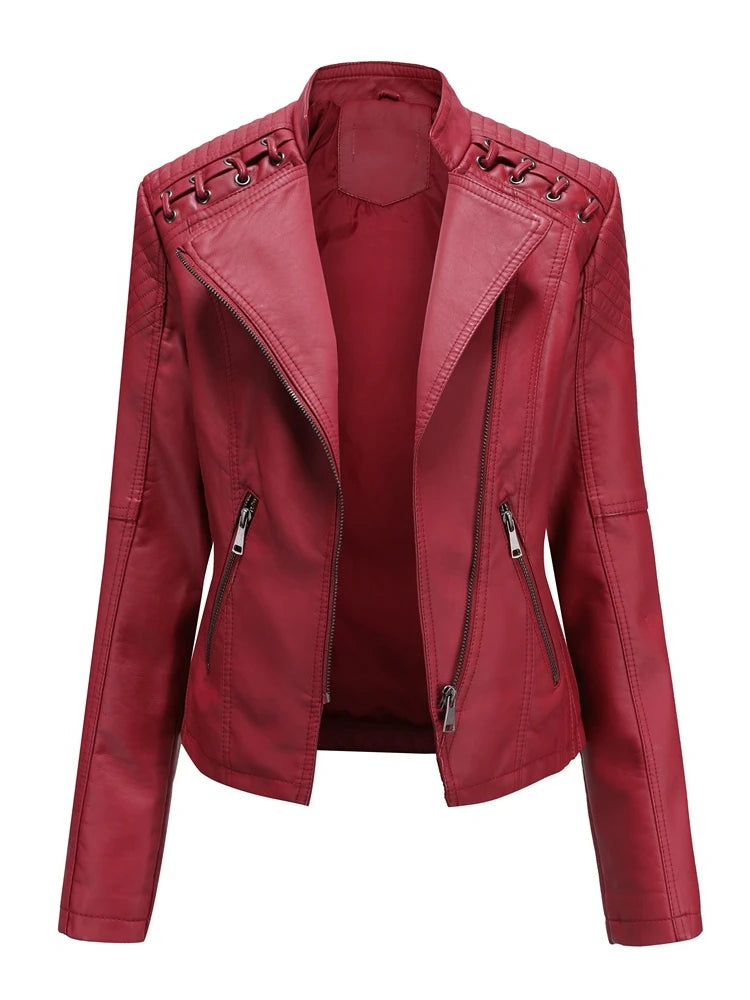 Giacca in similpelle alla moda per donna, primavera e autunno FSMG, capospalla corto casual slim fit con cerniera, cappotto da motociclista leggero
