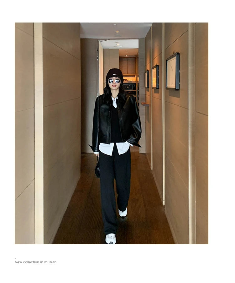 Giacca in pelle nera invernale corta da donna 2022 autunno coreano giacca da motociclista da strada alta da donna capispalla vintage sottile PU chic top
