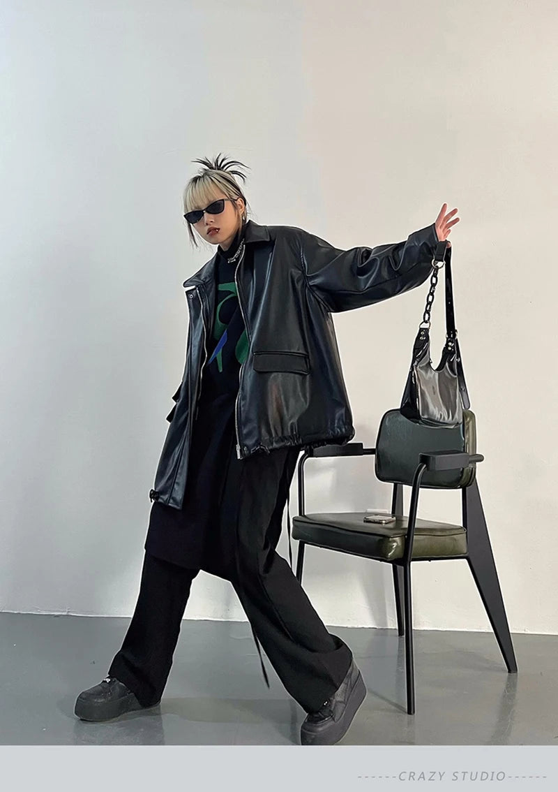 Streetwear Nero PU Faux Pelle Cappotti Donne Oversize Gotico Giacche Y2K Largo Tasca Fresco Signore Casual Morbido Outerwear