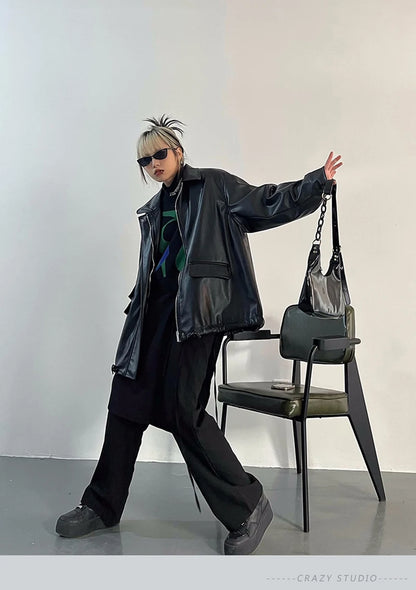 Streetwear Nero PU Faux Pelle Cappotti Donne Oversize Gotico Giacche Y2K Largo Tasca Fresco Signore Casual Morbido Outerwear