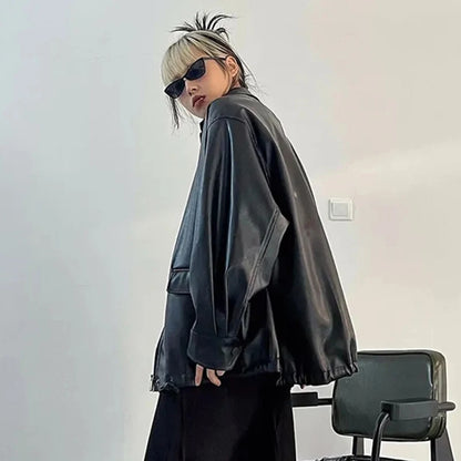 Streetwear Nero PU Faux Pelle Cappotti Donne Oversize Gotico Giacche Y2K Largo Tasca Fresco Signore Casual Morbido Outerwear