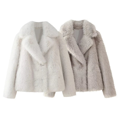 Cappotto in pelliccia sintetica soffice da donna, spesso e caldo, con colletto rovesciato, alla moda, di lusso, top 2024, elegante da donna, soprabito da strada
