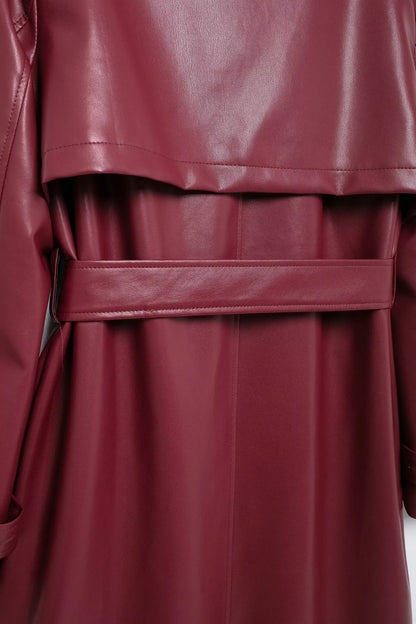TRAFZA Donna Borgogna Similpelle Maxi Lungo Trench Elegante Risvolto Manica Lunga Giacche con Cintura Moda Femminile Capispalla