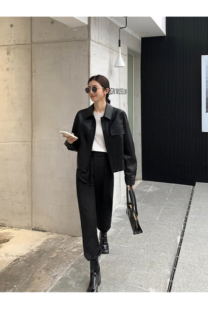 Giacca in pelle nera invernale corta da donna 2022 autunno coreano giacca da motociclista da strada alta da donna capispalla vintage sottile PU chic top