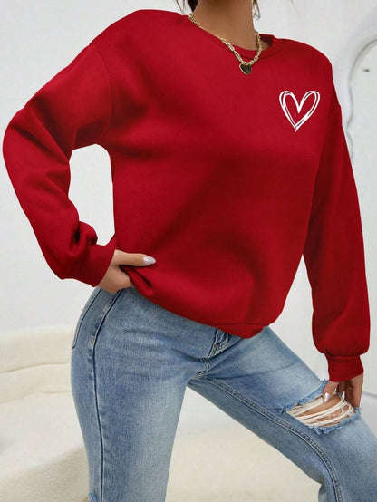 Felpe con stampa a forma di cuore semplice per donna, comode e casual, con scollo rotondo, in pile, calde e comode, abbigliamento sportivo
