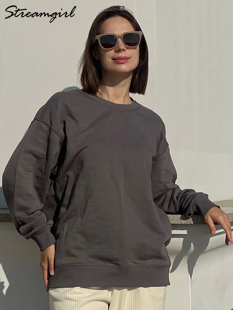 Felpe girocollo in cotone oversize per donna, capispalla autunnali, felpe in spugna larghe, felpe casual da donna