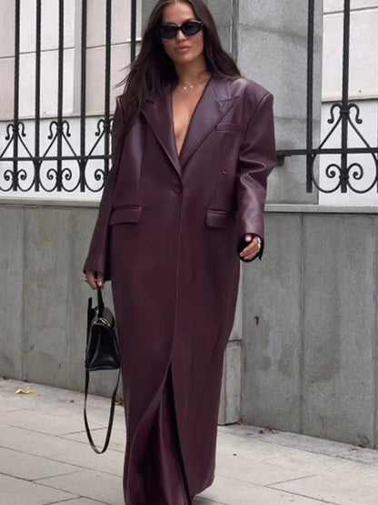 Eleganti cappotti in pelle bordeaux con un bottone per donna, alla moda, tasche a ribalta, giacche larghe e solide, 2024, capispalla da strada Lady Chic