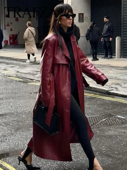 TRAFZA Donna Borgogna Similpelle Maxi Lungo Trench Elegante Risvolto Manica Lunga Giacche con Cintura Moda Femminile Capispalla