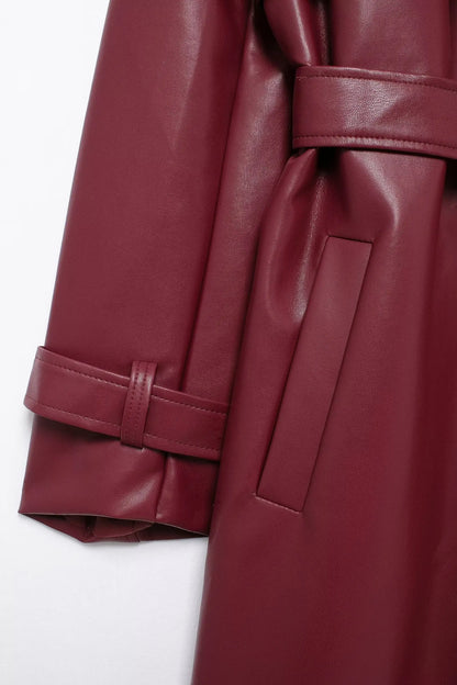 TRAFZA Donna Borgogna Similpelle Maxi Lungo Trench Elegante Risvolto Manica Lunga Giacche con Cintura Moda Femminile Capispalla