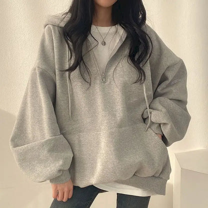 Felpa con cappuccio oversize con cerniera per donna, felpe monocromatiche, felpe casual, essenziale per donna, moda coreana, 2023