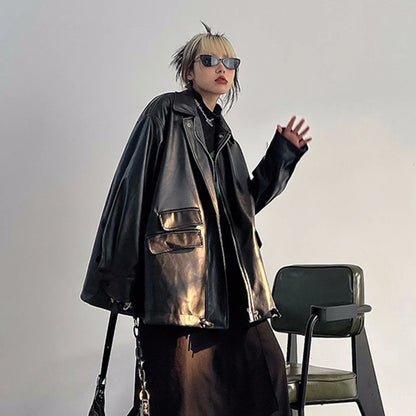 Streetwear Nero PU Faux Pelle Cappotti Donne Oversize Gotico Giacche Y2K Largo Tasca Fresco Signore Casual Morbido Outerwear