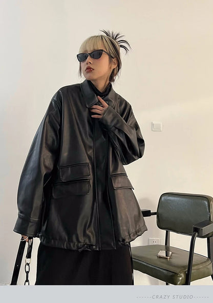 Streetwear Nero PU Faux Pelle Cappotti Donne Oversize Gotico Giacche Y2K Largo Tasca Fresco Signore Casual Morbido Outerwear