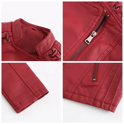 Giacca in similpelle alla moda per donna, primavera e autunno FSMG, capospalla corto casual slim fit con cerniera, cappotto da motociclista leggero
