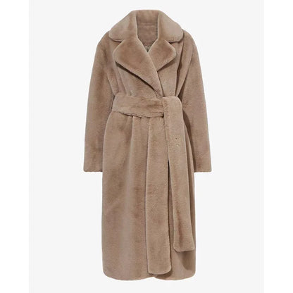 Giacca lunga in pelliccia sintetica da donna, con cintura spessa, autunno inverno, cappotto lungo caldo di lusso, cintura in pelliccia nera, parka Bontjas, capispalla pelosi