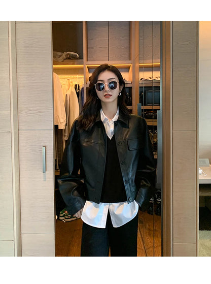 Giacca in pelle nera invernale corta da donna 2022 autunno coreano giacca da motociclista da strada alta da donna capispalla vintage sottile PU chic top
