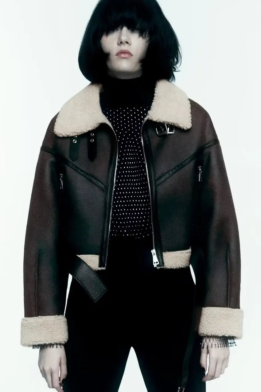 Giacca da donna alla moda autunno, spessa e calda, in pelliccia sintetica, vintage, a maniche lunghe, con cintura e orlo, capispalla da donna, eleganti top