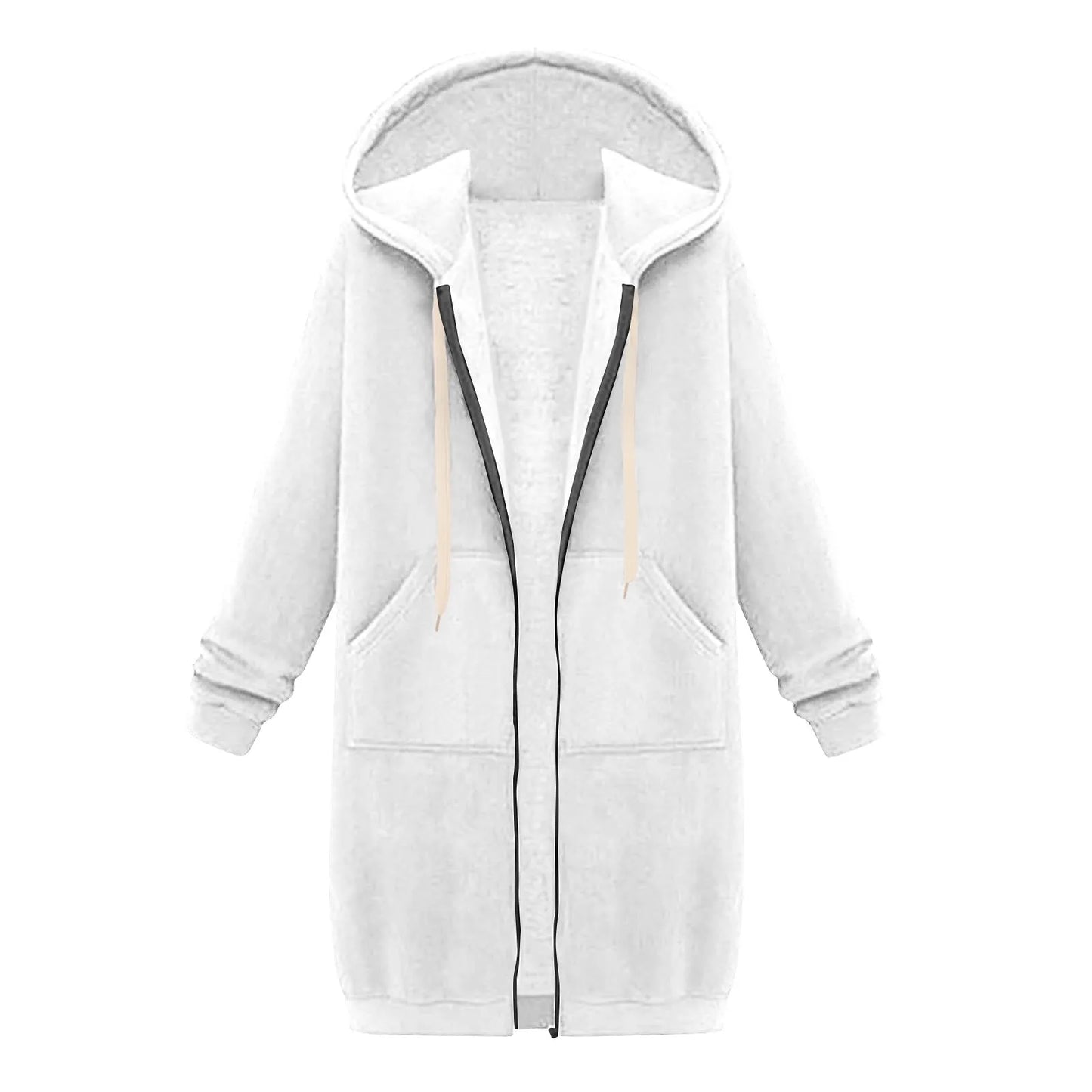Felpa con cappuccio lunga con cerniera casual da donna, felpa invernale antivento con coulisse, giacca con cappuccio e tasche comode